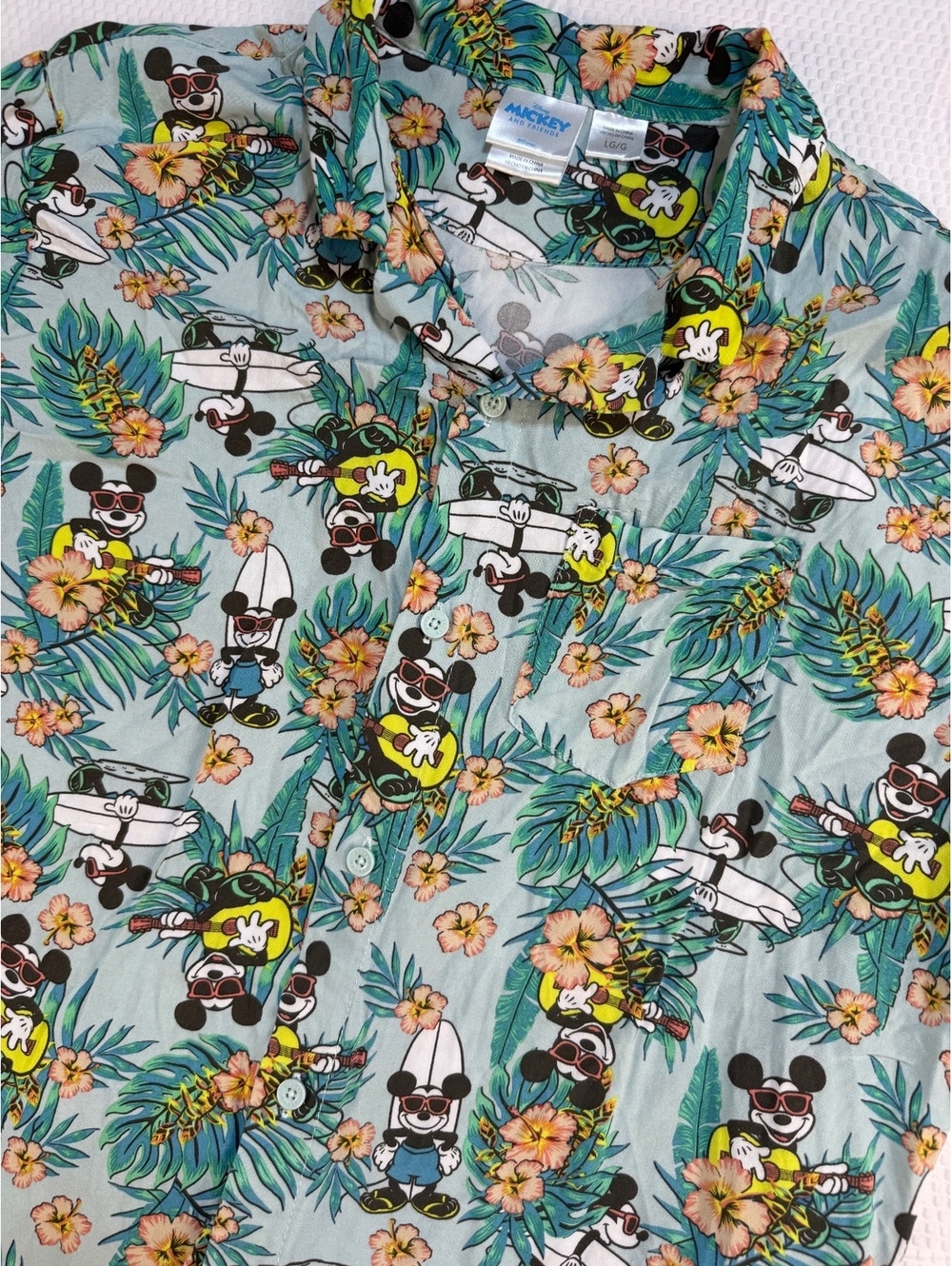Disney Mickey Mouse Hawaiian Shirt Men L Rayon Surf Guitar Tropical Aloha